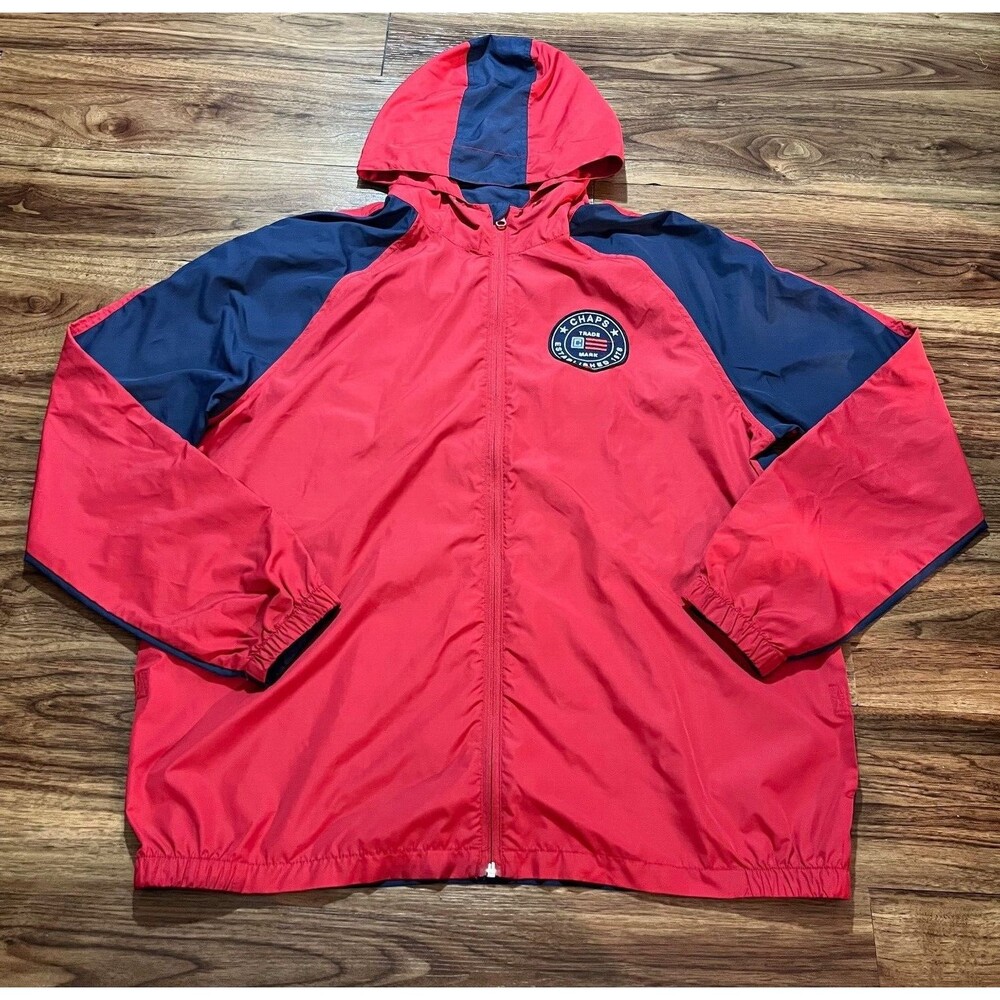 Chaps Mens XL Navy Blue & Red Hooded Windbreaker Sweater Zip Up Jacket Polyester